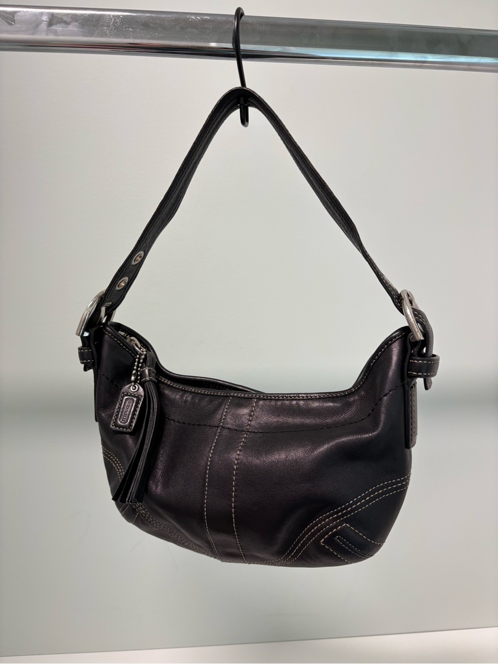 Coach 8A01 Soho Mini Fringe Tassel Black Leather Hobo Bag